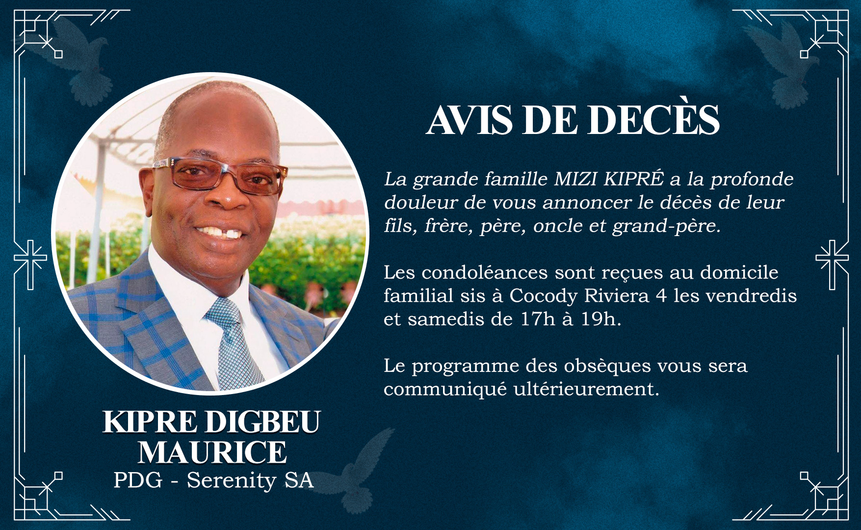 Avis de deces - Kipre Digbeu Maurice
